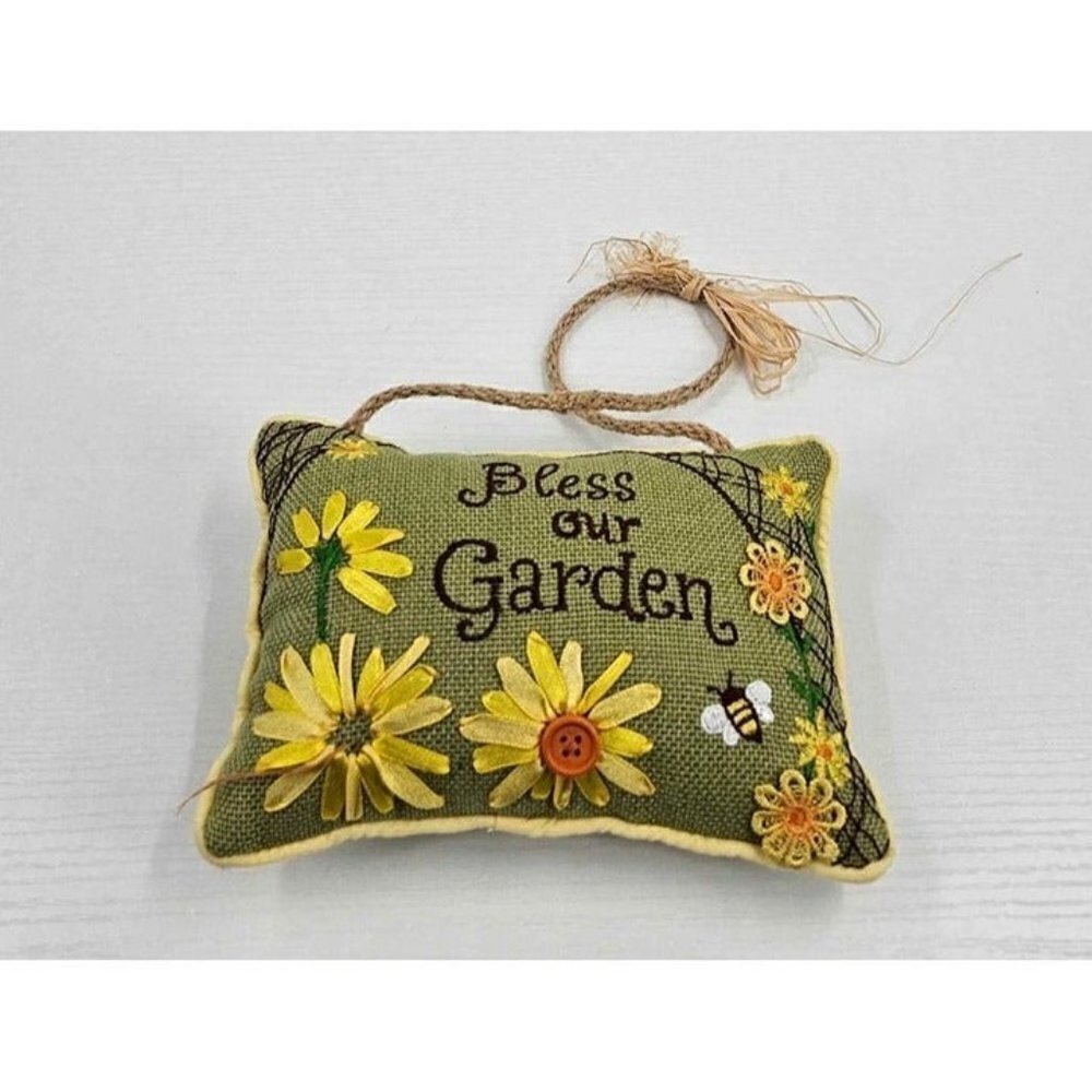 Bless Our Garden Embroidered Mini Pillow Sunflower Bee Door Hanger 5"×7"